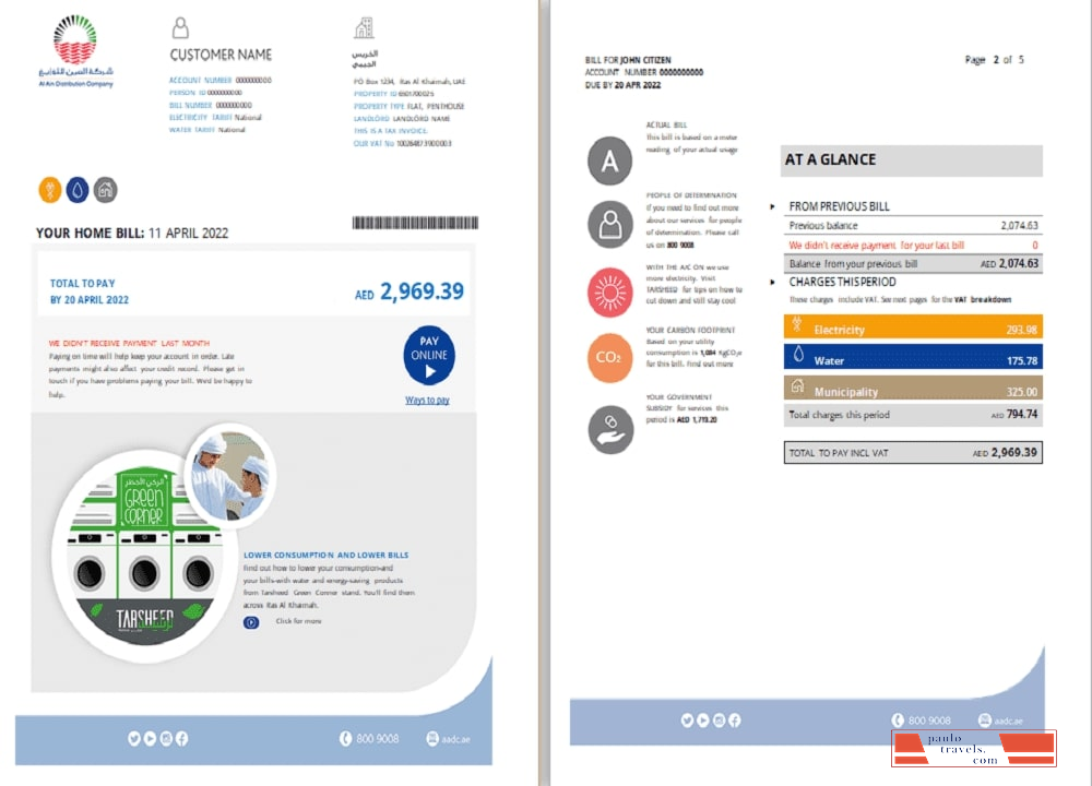 UAE Ras Al Khaimah Al Ain Distribution Co. Word and PDF utility bill template (5 pages) 1 2